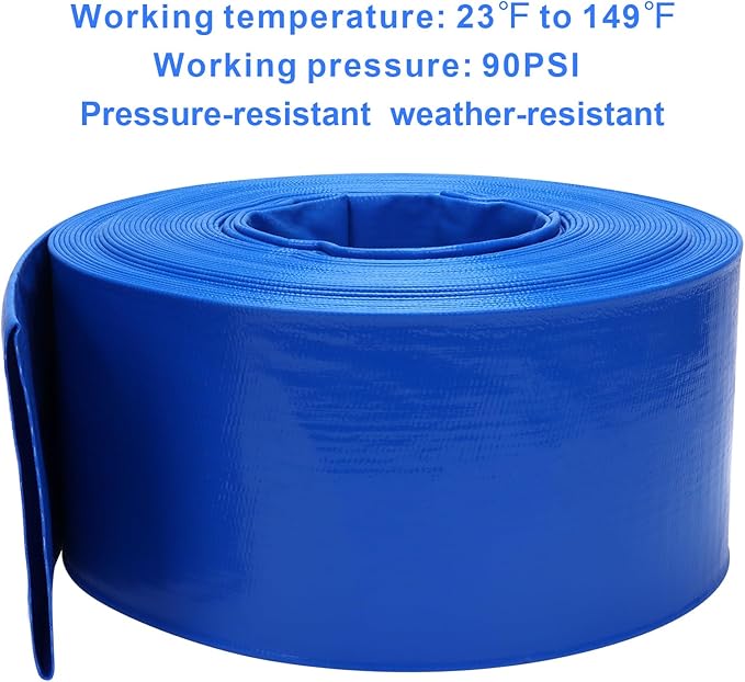 Lay-Flat Pool Backwash Hose - 4" x 100Ft Reinforced Heavy Duty PVC Discharge Hose Weather-Proof Vinyl Pool Drain Hose for Water Transfer with 2 clamps