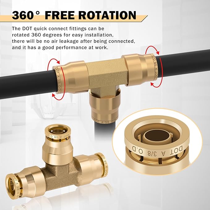 CheeMuii 13 PCS Brass DOT Air Line Fittings Kit 1/4 3/8 1/2 DOT Quick Connect Air Fittings Tee Union Push to Connect Air Hose Fittings for Semi Truck Trailers Air Brake System