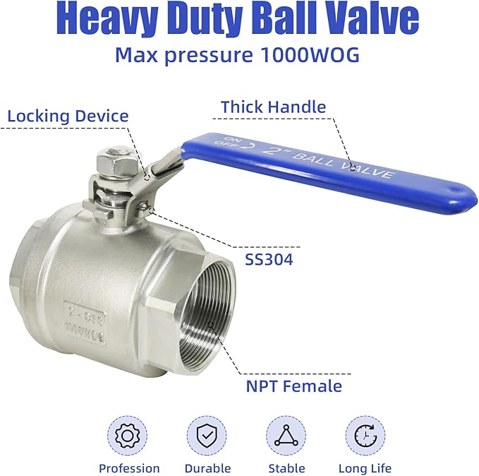 YADIAN 2 Pack 2'' Ball Valves NPT Female Stainless Steel 304 Full Port Ball Valve Heavy Duty 2 inch Shut Off Valve for Water, Oil, and Gas with Locking Device, 1000 WOG