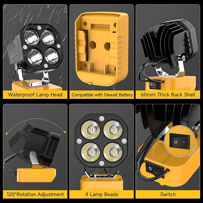 2 Packs LED Work Light Compatible with Dewalt 20V Battery, 40W 6000LM Flashlight, 20V Battery Cordless Work Light 120°Adjustable with Low Voltage Protection for Outdoors Job Site Lighting