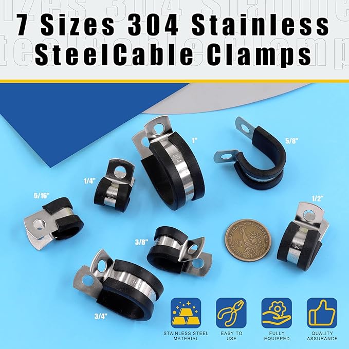 Glarks 26Pcs 5/16'' 304 Stainless Steel Cable Clamps, Rubber Cushioned Insulated Clamps Hose Clamps Loop Clamps Pipe Clamps Metal Clamps Set for Tube, Pipe or Wire Cord Installation