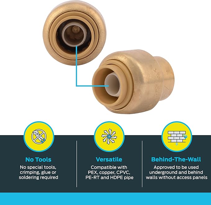 SharkBite 3/8 Inch (1/2 Inch OD) Push Cap, Pack of 6, Push to Connect Brass Plumbing Fitting, PEX Pipe, Copper, CPVC, PE-RT, HDPE, U512LF