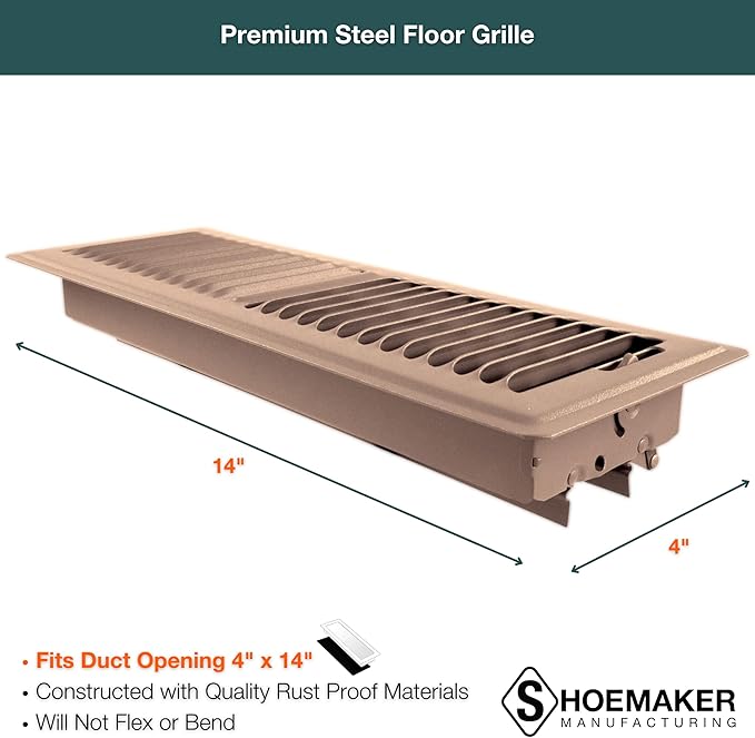 Shoemaker 4x14 Floor Register – Desert Clay Heavy Duty Metal Floor Vent Cover for Home Floors - Premium Forced Air Vent Covers