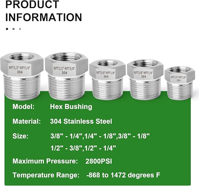 TAISHER 10PCS Forging of 304 Stainless Steel Reducer Hex Bushing Pipe Fittings Kit, 3/8" - 1/4",1/4" - 1/8",3/8" - 1/8",1/2" - 3/8",1/2" - 1/4"