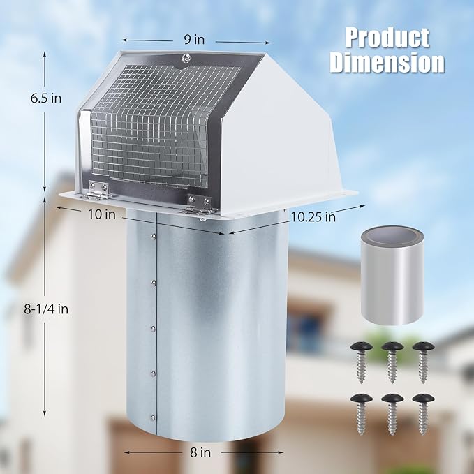 8 Inch Dryer Vent Cover Outside, White Wall Dryer Vent Cap, No-Pest Metal Vent Covers for House Exterior