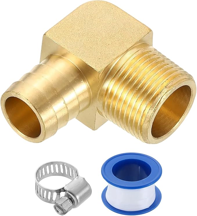 uxcell Brass Hose Barb Fitting, 3/4" x 3/4" NPT 90 Degree Elbow Hose Connector with Hose Clamps for Water Fuel Gas Oil Transportation