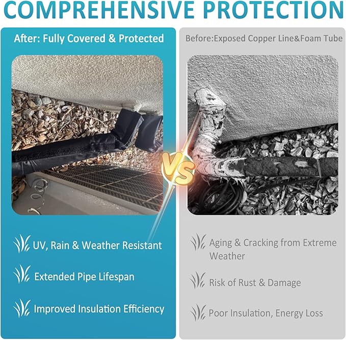 3 Layers HVAC Copper Pipe Insulation Cover, 72x10.2in Outdoor AC Insulation Tube Wrap Protector, Waterproof 600D Oxford Fabric Pipe Insulated Sleeve for Outside Central Air Conditioning Mini Splits