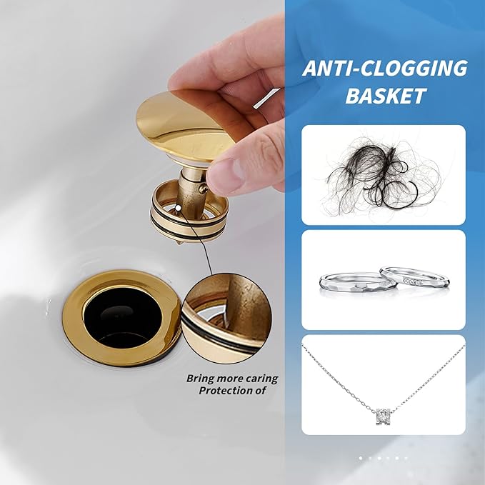 BWE Bathroom One-Piece Pop Up Drain Assembly with Strainer Sink Drain Stopper with Overflow for Bathroom Vessel Vanity Faucet Sink Brushed Gold