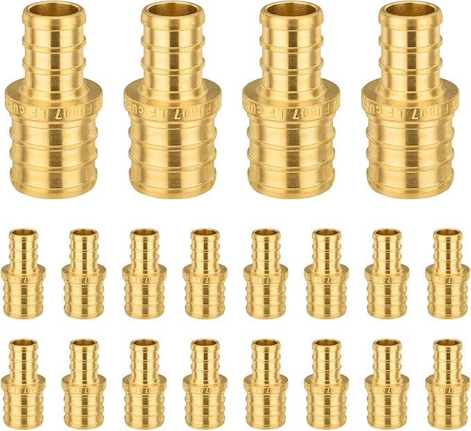 20-Pack Foskan 1" x 3/4" PEX Straight Reducing Coupling,Brass Crimp Fittings for PEX Tubing Pipe