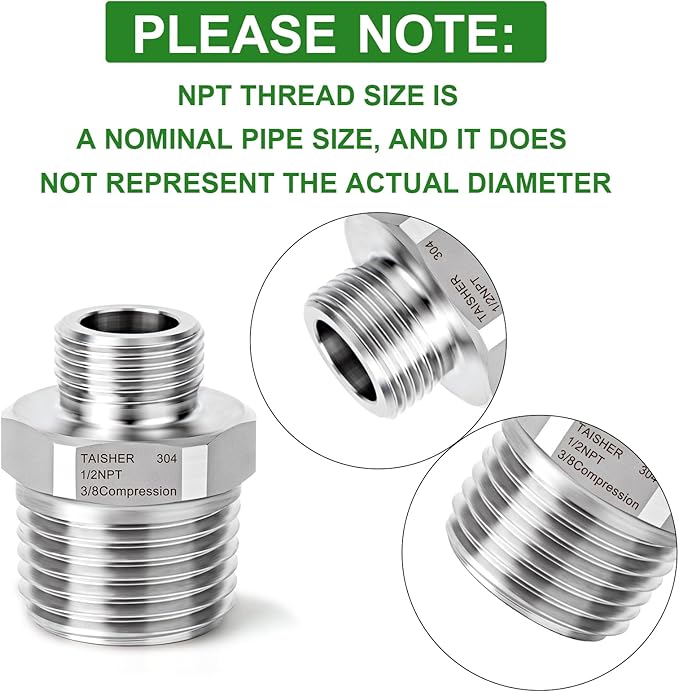 TAISHER 2PCS 304 Stainless Steel Reducer Faucet Adapter 1/2" NPT × 3/8" Compression Pipe Fitting for RV kitchen bathroom faucet supply line adapter with rubber gasket