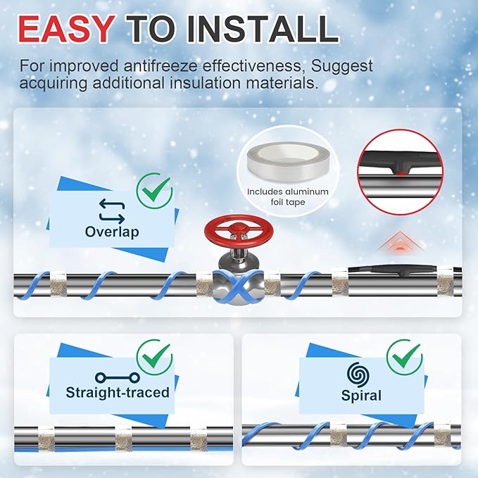 70FT Heat Tape for Water Pipes, Self-Regulating Heat Trace for Pipes with Thermostat Heating Cable for Metal Plastic Pex Pipes 120V 5W/FT