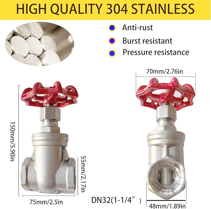 304 Stainless Steel Gate Valve, 1-1/4" NPT Stainless Steel Female Threaded Rotary globe valve for water flow switches, fuel water vapor, air switches, for sump pumps and air compressors DN32