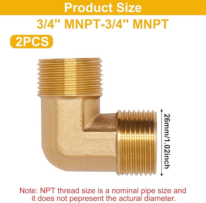 2pcs Brass Pipe Fitting 90 Degree Elbow 3/4" NPT Male to 3/4" NPT Male Pipe Fittings