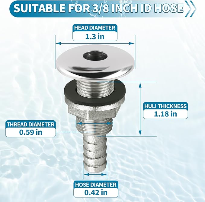 Thru Hull Fittings for Boats, Stainless Steel Yacht Through Hull Connecter with Straight Barb, Marine Barbed Hose Skin Fitting Drain for 3/4 inch I.D. Hose, 1 inch I.D. Hose
