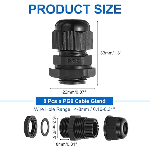 MECCANIXITY 8 Pcs PG9 Cable Gland, 4-8mm Wire Hole Strain Relief Joint for Cable Fixing, Wiring, Repairing, Gland Replacement, Electrical Appliances, White