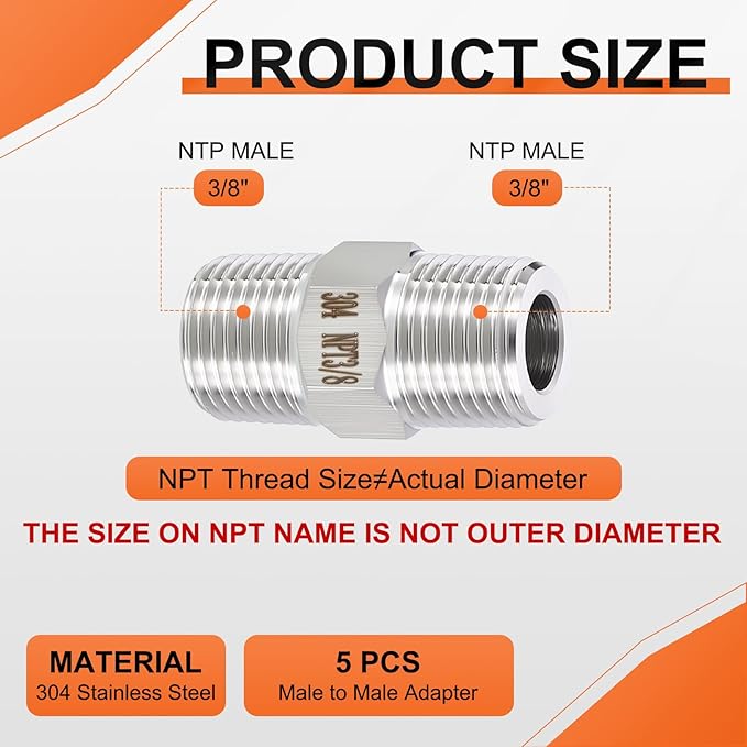 3 Pack 304 Stainless Steel Male to Male Adapter, 3/8" Male NPT x 3/8" Male NPT Hex Nipple Pipe Extension Fitting for Industrial, Automotive, Fluid Transfer, Home Gardening, Water