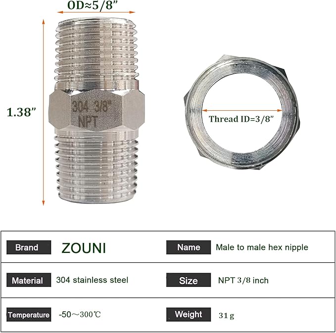 ZOUNI 5PCS Hex Nipple 3/8" Male x 3/8" Male Pipe Fittings, 304 Stainless Steel NPT 3/8 inch Male Threaded Pipe Adapter Fittings Equal Nipples Connectors, Male Straight Connector Pipe Fitting