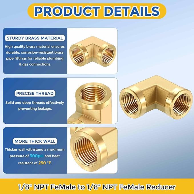 2 Pack Brass Pipe Fittings, 90 Degree 1/8" NPT FeMale to 1/8" NPT FeMale Barstock Street Elbow, Forged Pipe Fitting Connector for Air, Oil, LP