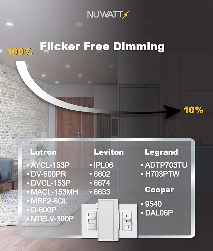 NUWATT 6 Pack, 4 Inch Ultra-Thin LED Recessed Lighting Black, 5CCT 2700K/3000K/3500K/4000K/5000K Selectable, 630LM, 9W, IC Rated, Dimmable Canless Wafer Light, Damp Rated Pot Lights with Metal J-Box