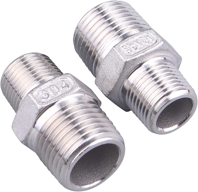 SUS304 Reducer Hex Nipple - 1/2" Male NPT x 3/8" Male NPT Stainless Steel Adapter Threaded Pipe Fitting (Pack of 2)