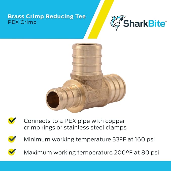 SharkBite 3/4 Inch x 1/2 Inch x 3/4 Inch Crimp Reducing Tee, Brass Plumbing Fitting, PEX Pipe, PE-RT, UC444LFA