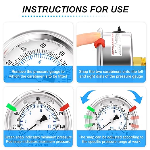 MEANLIN MEASURE 0~160Psi Liquid Filled Pressure Gauge Stainless Steel 1/4" NPT 2" FACE DIAL for Air Compressor RV Regulator Water Pressure Tester Center Back Mount, with Hex Bushing and 2PCS Snaps
