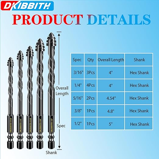 DKIBBITH 4-Flute Serrated Masonry Drill Bit Set,11-Piece Black - 3/16" to 1/2" for Concrete, Tile, Brick, Glass, Ceramic,Wood.