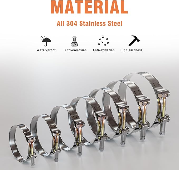 14 Pcs 7 Sizes T-Bolt Hose Clamps, 304 Stainless Steel Turbo Intake Intercooler Clamp,Working Range 32-91mm for 1-3" Hose ID, Radiator Hose Clamps Assortment Set