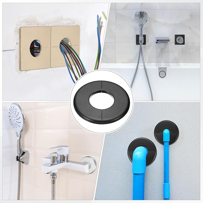 PATIKIL Wall Split Flange 105mm / 4.1" OD, 4 Pcs Round Escutcheon Plate Cover PPR Plumbing Cover Plates with Self-Adhesive Tape for 44mm / 1.7" Dia Water Pipe Faucet, Black