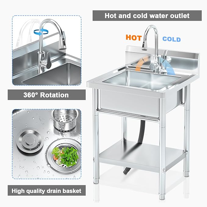 20 Inch Stainless Steel Utility Sink, Commercial Single Bowl with 360° Swivel Pull-Out Sprayer Faucet, Hot & Cold Water Lines, Drain Kit + Base Plate for Kitchen, Garage, Laundry