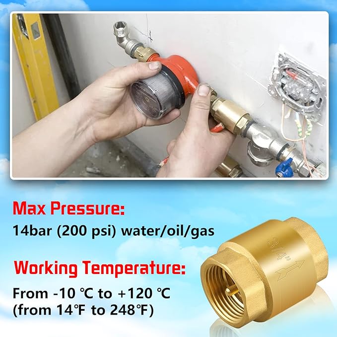 2PCS 3/4 NPT Thread Spring Check Valve, Brass Non Return One Way Horizontal Vertical Inline Water Check Valve for Well, Pump, Tank, Backflow Prevention