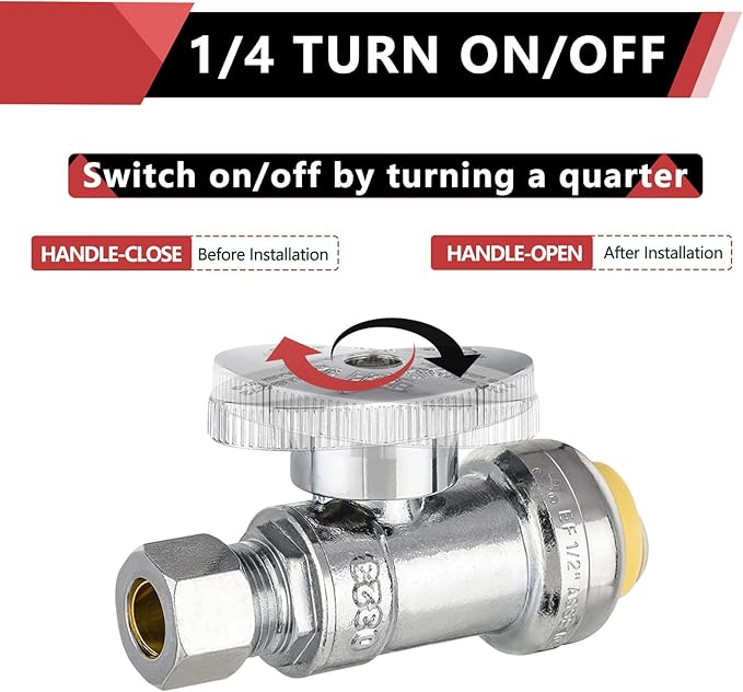 EFIELD Push Fit 1/4 Turn Straight Stop Valve Water Shut Off 1/2 Push x 3/8 Inch Compression Chrome With Disconnect Clip,(PF-VALVE021)