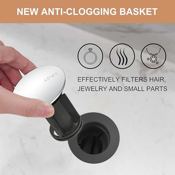 KENES Bathroom Vessel Sink Pop Up Drain Assembly Without Overflow, Chrome Bathroom Vanity Sink Drain Stopper, Anti-Clogging Drain Strainer, KE-P300A-5