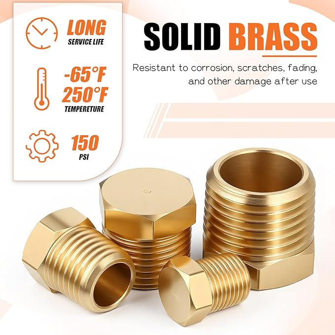 24 PCS Brass Plugs Fitting Brass Hex Pipe Plug Fittings Kits 1/8" 1/4" 3/8" 1/2" NTP Plug Male Threaded