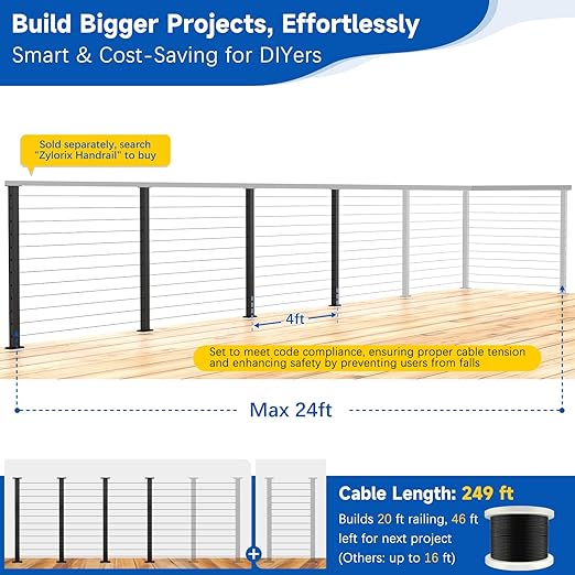 Upgraded 12-24FT Swageless Cable Railing System Post Kit 36" with 4 Heavy-Duty T304 Stainless Steel Level Post, Patent Reusable Cable Railing Kit, Upgraded Outdoor Finish(No Handrail), Black