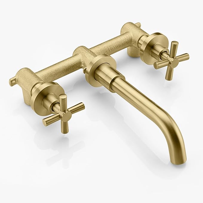 Brushed Brass Wall Mount Bathroom Faucet Two Cross Handles and Rough-in Valve Included,SUMERAIN