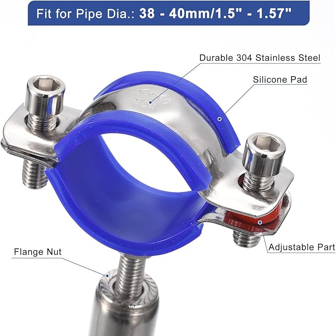 uxcell 2Pcs Stainless Steel Pipe Supports Wall Mount Ceiling Mount Pipe Bracket Adjustable Clamp Pipe Strap Fit for Dia 38-40mm Pipe Tube