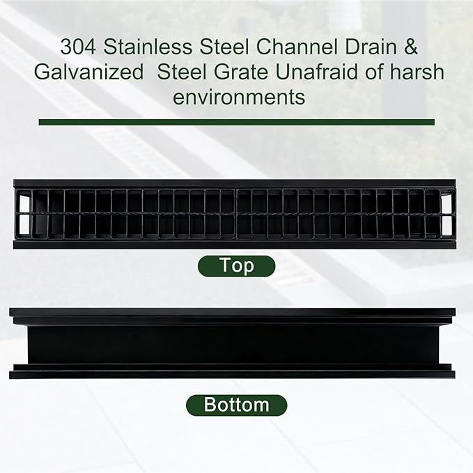 Blulu 1 Pcs 304 Stainless Steel Channel Drain with Galvanized Steel Grate 39.4x5.9x5.5 Inch Trench Drain Kit for 3'' Pipe Durable French Drains System for Outdoor Driveway Garage Yard (Black)