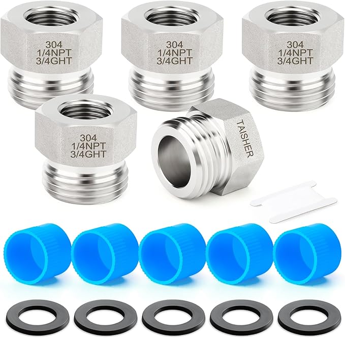 TAISHER 5PCS 304 Stainless Steel Garden Hose Adapter, Hex Bushing 3/4" GHT Male x 1/4" NPT Female Garden Hose Connector