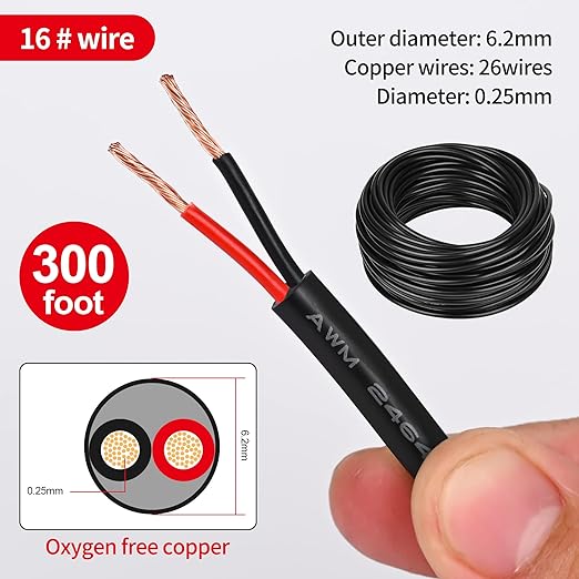 16 Gauge Electrical Wire, 2 Conductor, 16 AWG PVC Cord, Oxygen-Free Copper Cable, 300FT 2 Core Flexible Extension Power Cord for LED Lamp Lighting Strips, Automotive