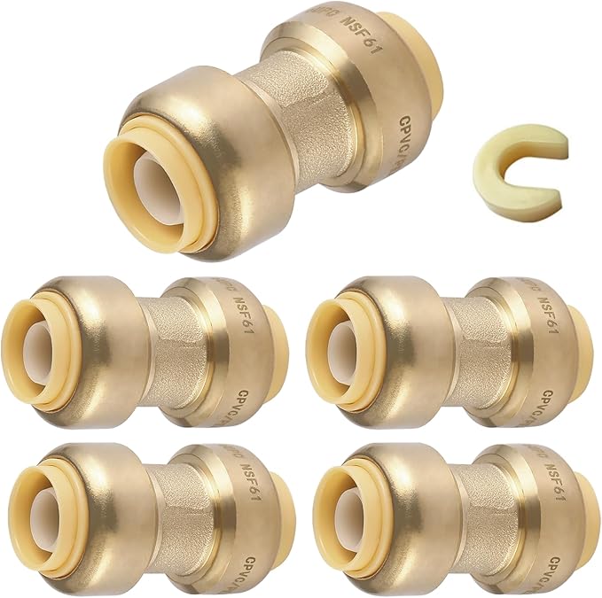 HeSun 5-Pack Pushfit Coupling, 3/4"x3/4" Push to Connect Plumbing Fittings with Disconnect Clip, Brass Push-fit Fittings for PEX, Copper, CPVC, PE-RT Pipes