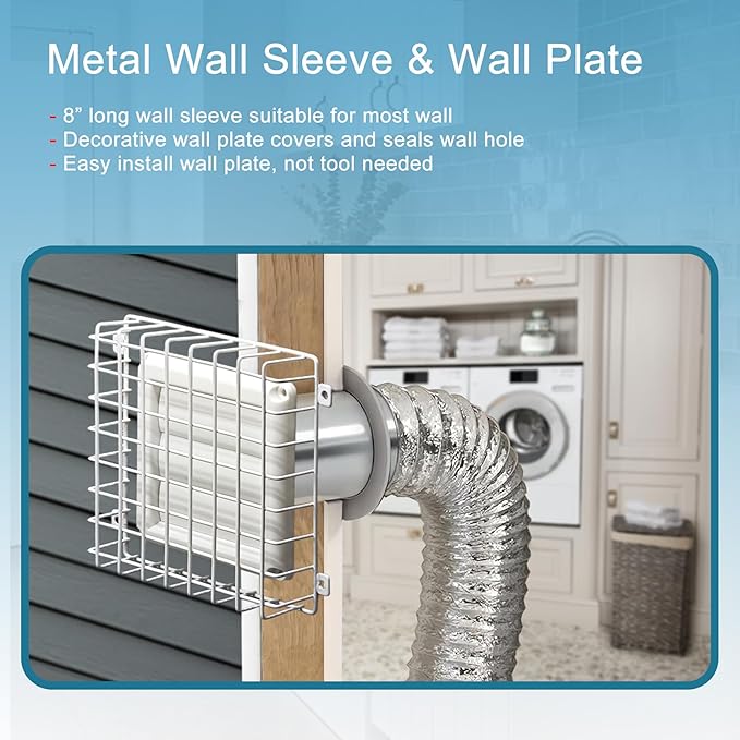 Dryer Vent Kit 4 Inch with Metal Bird Guard, Wall Sleeve & Wall Plate, Hose Connector Wall Venting Kit for Cloth Dryer AC Ventilation Exhaust Fan Ceiling Fan, Low Profile, White