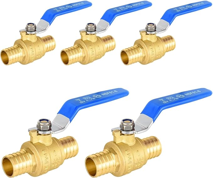 5-Pack Foskan 1 Inch PEX Crimp Full Port Ball Valve with Blue Handle, Brass Quarter Turn Shut-off Valve for PEX Tubing