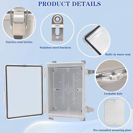 Waterproof Electrical Box with Mounting Plate, IP67 Junction Box Stainless Steel Latch Hinged Clear Cover Project Enclosure with Wall Bracket and 2 Glands 8.3" x 6.3" x 3.9"