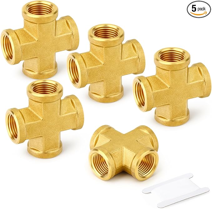 GASHER 5PCS Brass Pipe Fitting, Cross 4 Way Pipe Fitting, 3/8" x 3/8" x 3/8" x 3/8" NPT Female Pipe