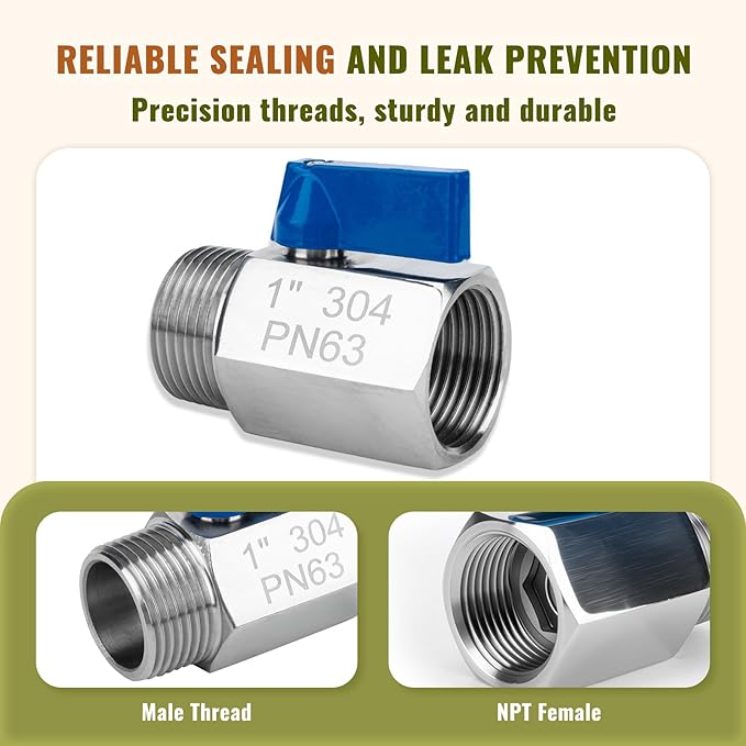 2 Pack 1" Mini Ball Valve, 304 Stainless Steel Shut-Off Valve NPT Female x Male Thread Small Valves for Compact Space (2, 1 Inch)