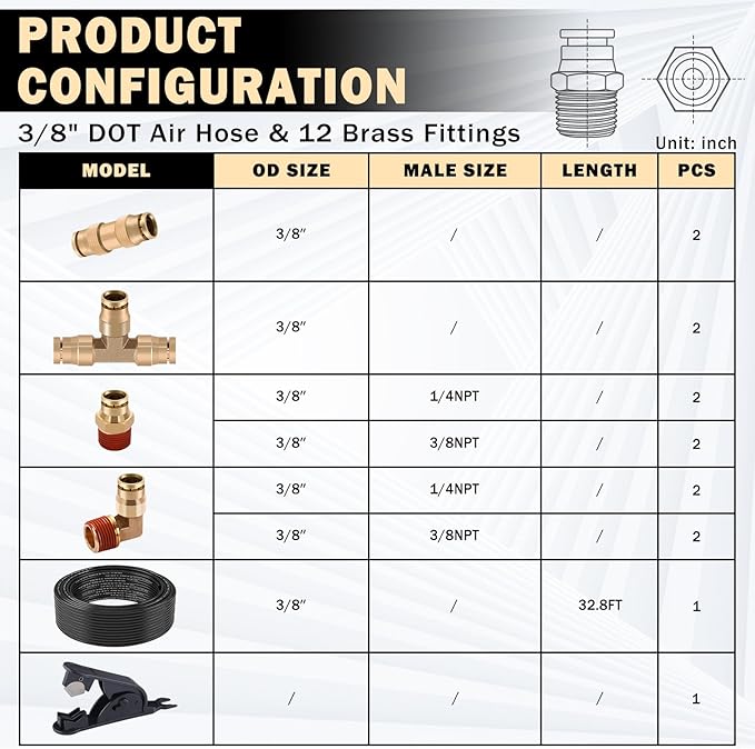 CheeMuii 3/8 Brass DOT Air Fittings With 32.8FT 3/8" DOT Air Line Kit Quick Connect DOT Air Line Fittings and PA12 Pneumatic Tubing for Semi Truck Trailer or Industrial Air System