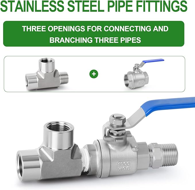 TAISHER 1PCS Forging of 304 Stainless Steel Tee Pipe Fittings, 1/4" NPT Female x 1/4" NPT Female x 1/4" NPT Male Pipe Fittings, Male Run Tee