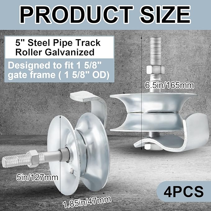 Pasimy 4 Pcs 5'' Sliding Gate Roller Galvanized Steel Pipe Track Roller Gate Hardware Kit for 1 5/8" Pipe Track Fence