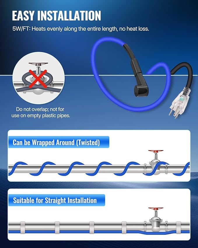 18Ft Water Pipe Heating Cable, 5W Constant Power Self-Regulating Heating Cable, 5W/FT, IPX7 Waterproof, Auto-On/Off, for Metal and Plastic Water Pipes, Freeze Protection, 120V U18HC06